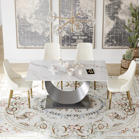 Marbella Sintered Stone Dining Table | 63" White Gloss Rectangular With Straight Edge