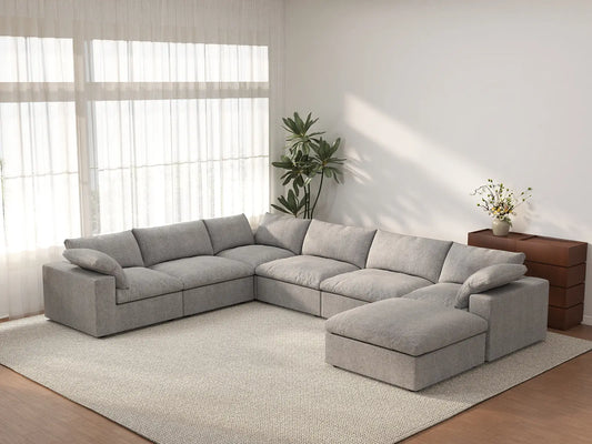 Deluxe Cloud 6-Seater Light Grey Large Space Sofa Set | 7-Piece (Includes 1 Ottoman), Cotton And Linen Fabric, Easy To Clean