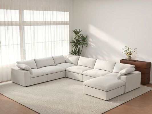 Deluxe Cloud 6-Seater White Sofa Set | 7-Piece (Includes 1 Ottoman), Cotton And Linen Fabric, Washable Cushion Covers