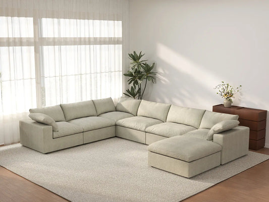 Deluxe Cloud 6-Seater Khaki Sofa Set | 7-Piece (Includes 1 Ottoman), Cotton And Linen Fabric, Washable Cushion Covers