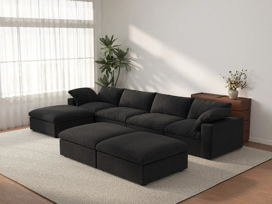Deluxe Cloud 4-Seater Black Large Space Sofa Set | 7-Piece (Includes 3 Ottomans), Cotton And Linen Fabric, Easy To Clean