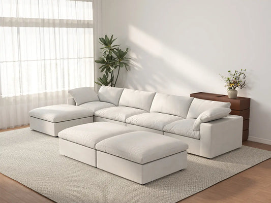 Deluxe Cloud 4-Seater White Sofa Set | 7-Piece (Includes 3 Ottomans), Cotton And Linen Fabric, Washable Cushion Covers