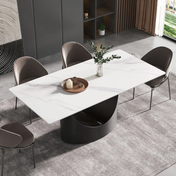 Mesa de comedor Marbella de piedra sinterizada | Rectangular, blanca brillante, de 180 cm (71") con borde recto