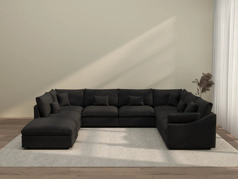 Deluxe Cloud 7-Seater Black Pit Sectional | 8-Piece (Includes 1 Ottoman), Chenille And Linen Fabric, Washable Cushion Covers
