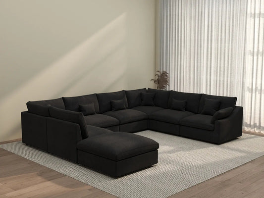 Deluxe Cloud 7-Seater Black Pit Sectional | 8-Piece (Includes 1 Ottoman), Chenille And Linen Fabric, Washable Cushion Covers