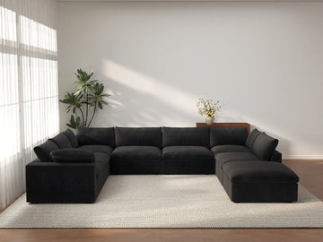 Deluxe Cloud 7-Seater Black Open Space U-Shaped Sectional | 8-Piece (Includes 1 Ottoman), Cotton And Linen Fabric, Easy To Clean