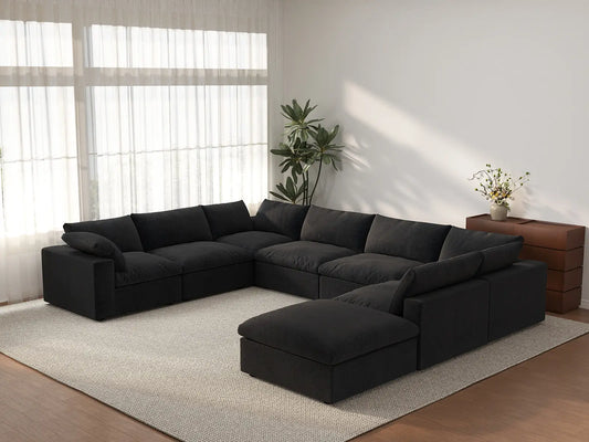 Deluxe Cloud 7-Seater Black Open Space U-Shaped Sectional | 8-Piece (Includes 1 Ottoman), Cotton And Linen Fabric, Easy To Clean