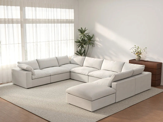 Deluxe Cloud 7-Seater White U-Shaped Sectional | 8-Piece (Includes 1 Ottoman), Cotton And Linen Fabric, Washable Cushion Covers