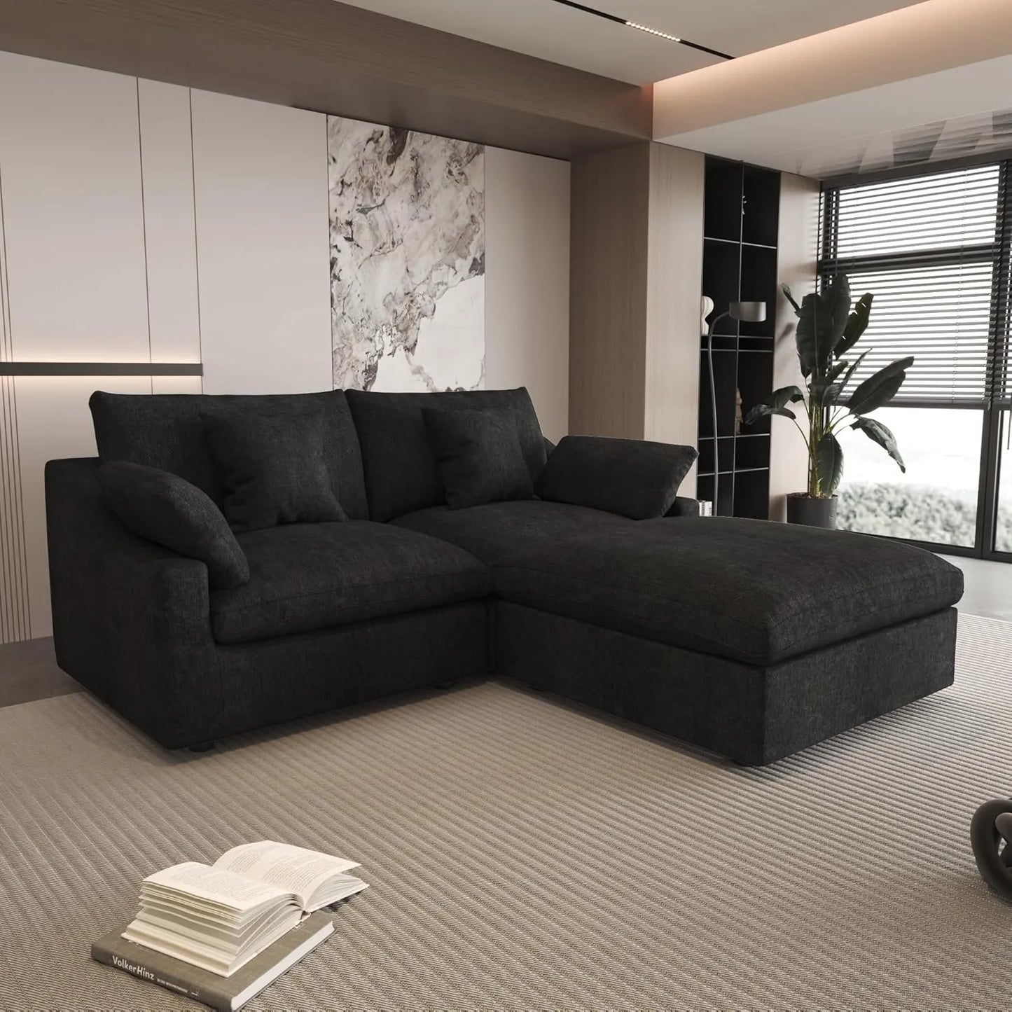 Deluxe Slope Cloud Sectional Sofas | Linen Black Chaise Sectionals 80" Modular Design 3-seaters