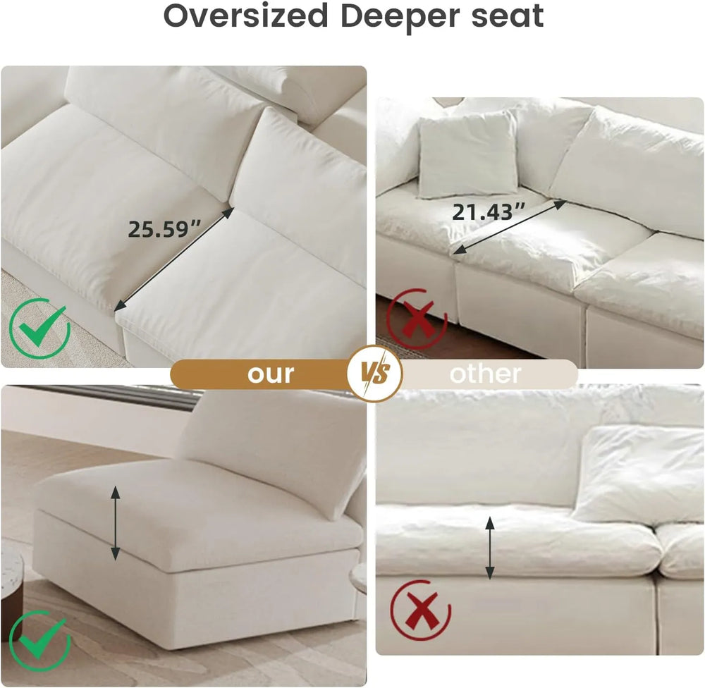 Deluxe Slope Cloud Sectional Sofas | 3-Piece Linen White Chaise Sectionals 80" Modular Design 2-seaters