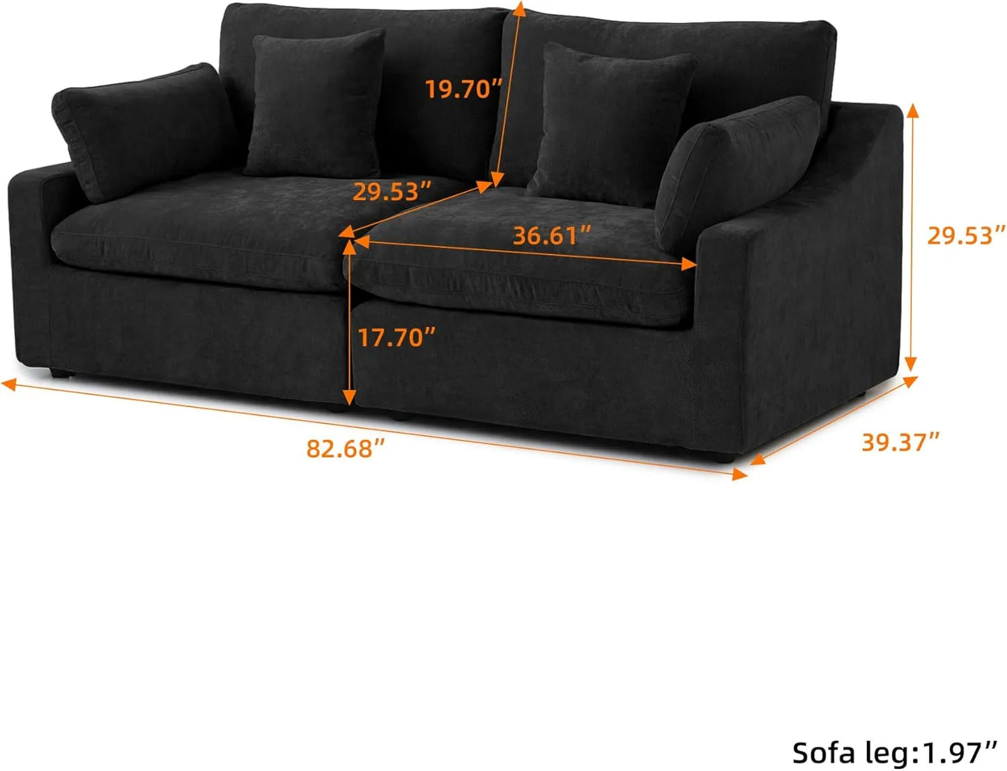 Deluxe Slope Cloud Sectional Sofas | Linen Black Loveseats 80" Modular Design 2-seaters