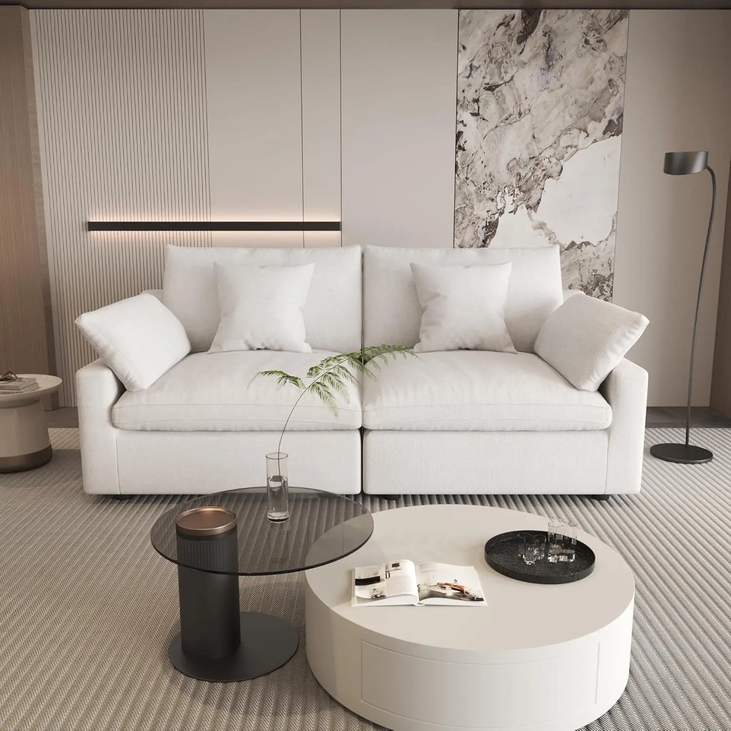 Deluxe Slope Cloud Sectional Sofas | 2-Piece Linen White Loveseats 80" Modular Design 2-seaters