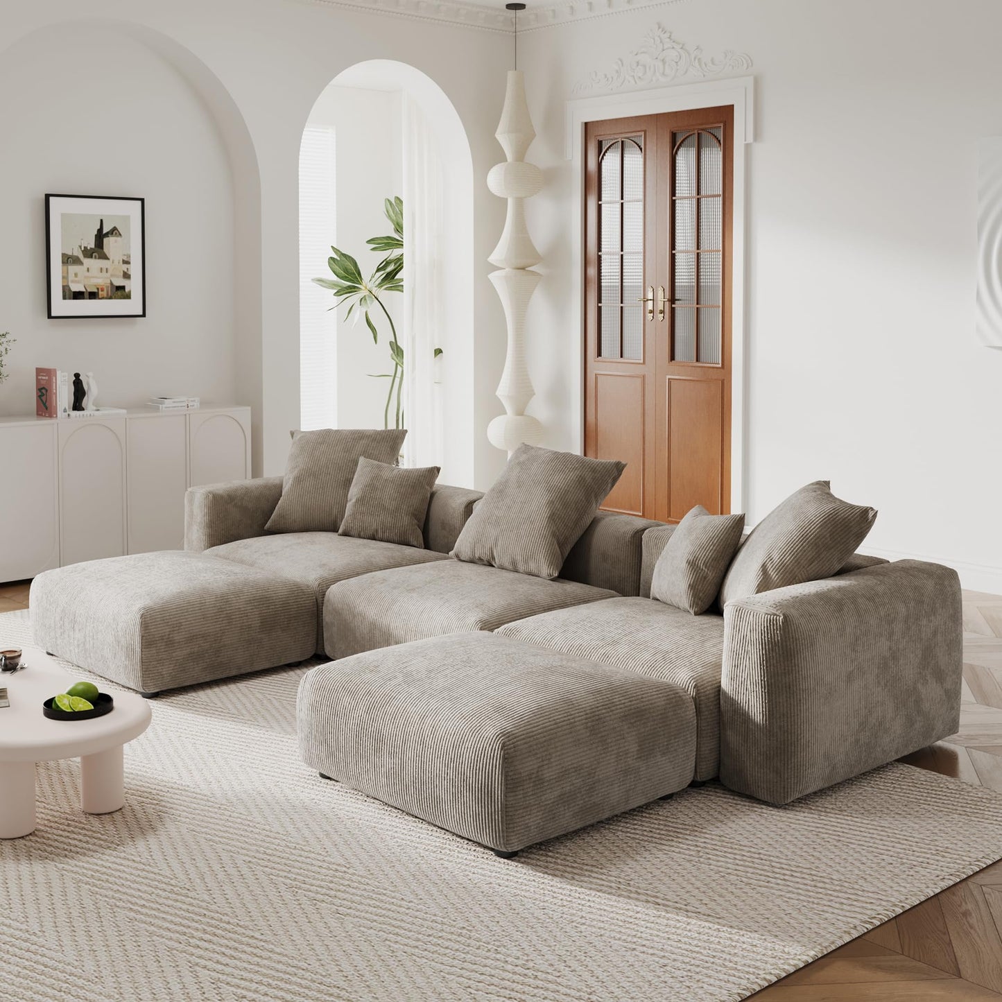 Modular Sectional Couch Sofa with 4 Pillows, 102" L Shaped Sofa Couch with Chaise Ottomans,Corduroy Fabric Couches (Beige)