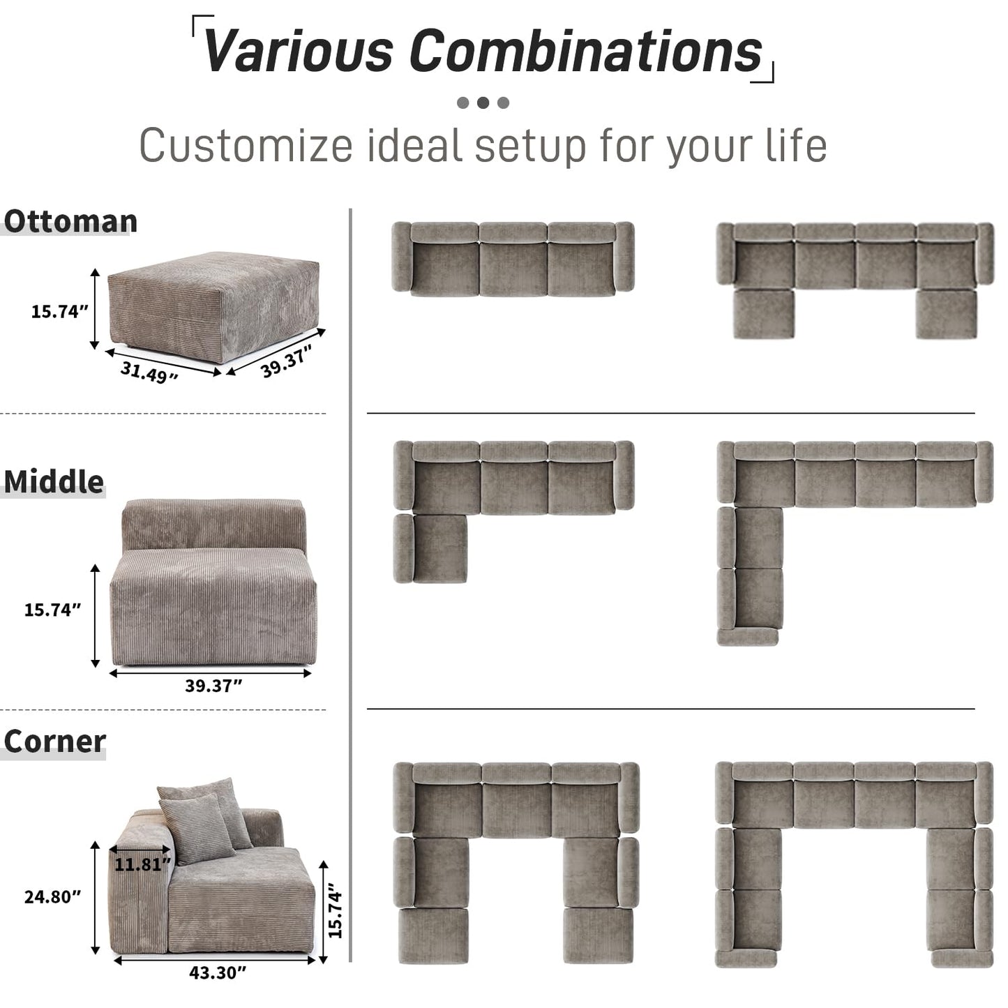 Modular Sectional Couch Sofa with 4 Pillows, 102" L Shaped Sofa Couch with Chaise Ottomans,Corduroy Fabric Couches (Beige)