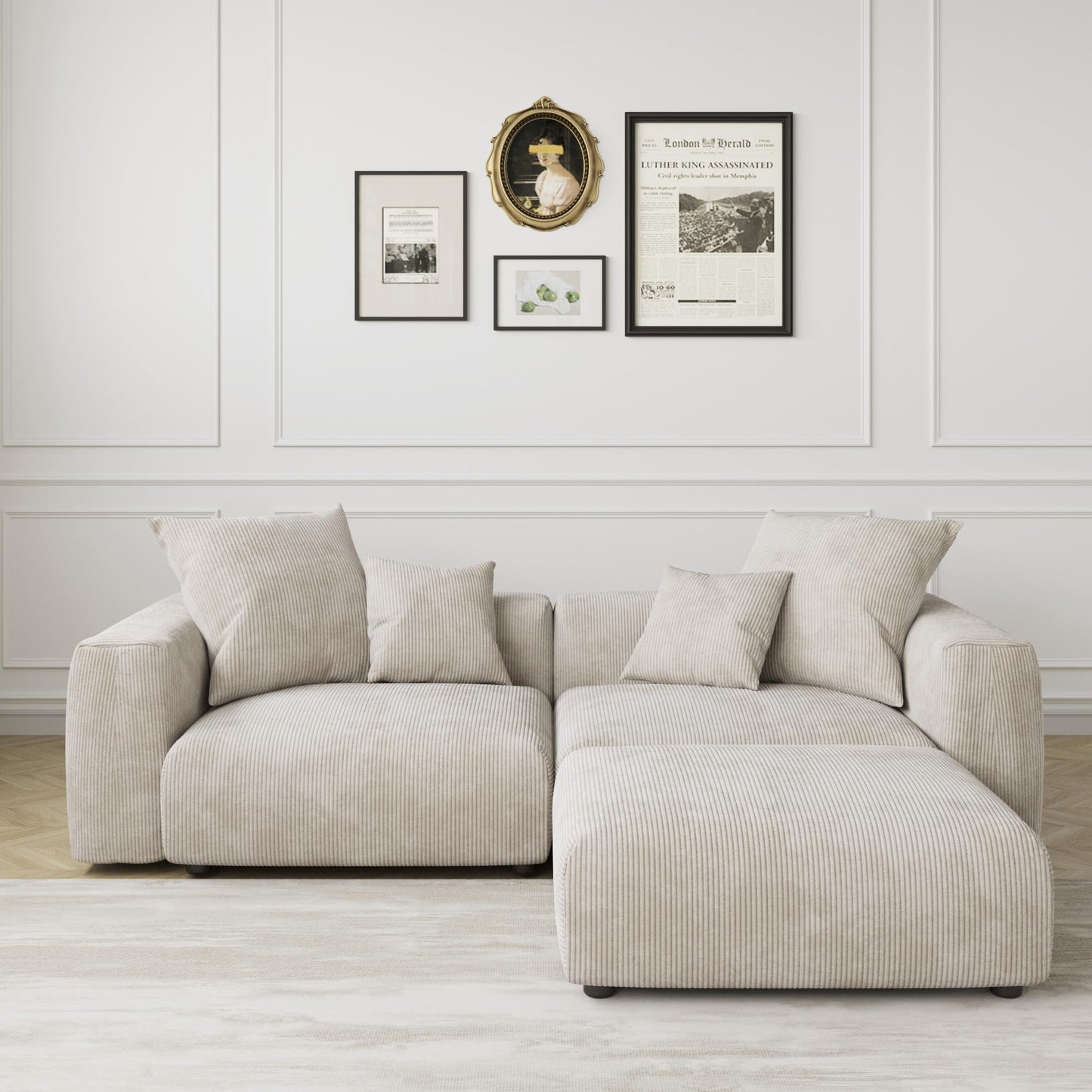 Modular Sectional Couch Sofa with 4 Pillows, 102" L Shaped Sofa Couch with Chaise Ottomans,Corduroy Fabric Couches (Beige)