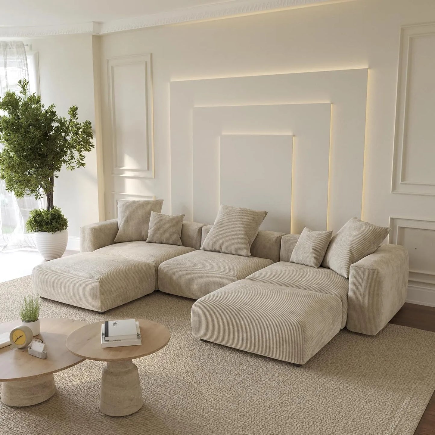 Matrix Modern Modular Sofas | 5-Piece Beige Corduroy U-Shaped Sectionals 3-Seater