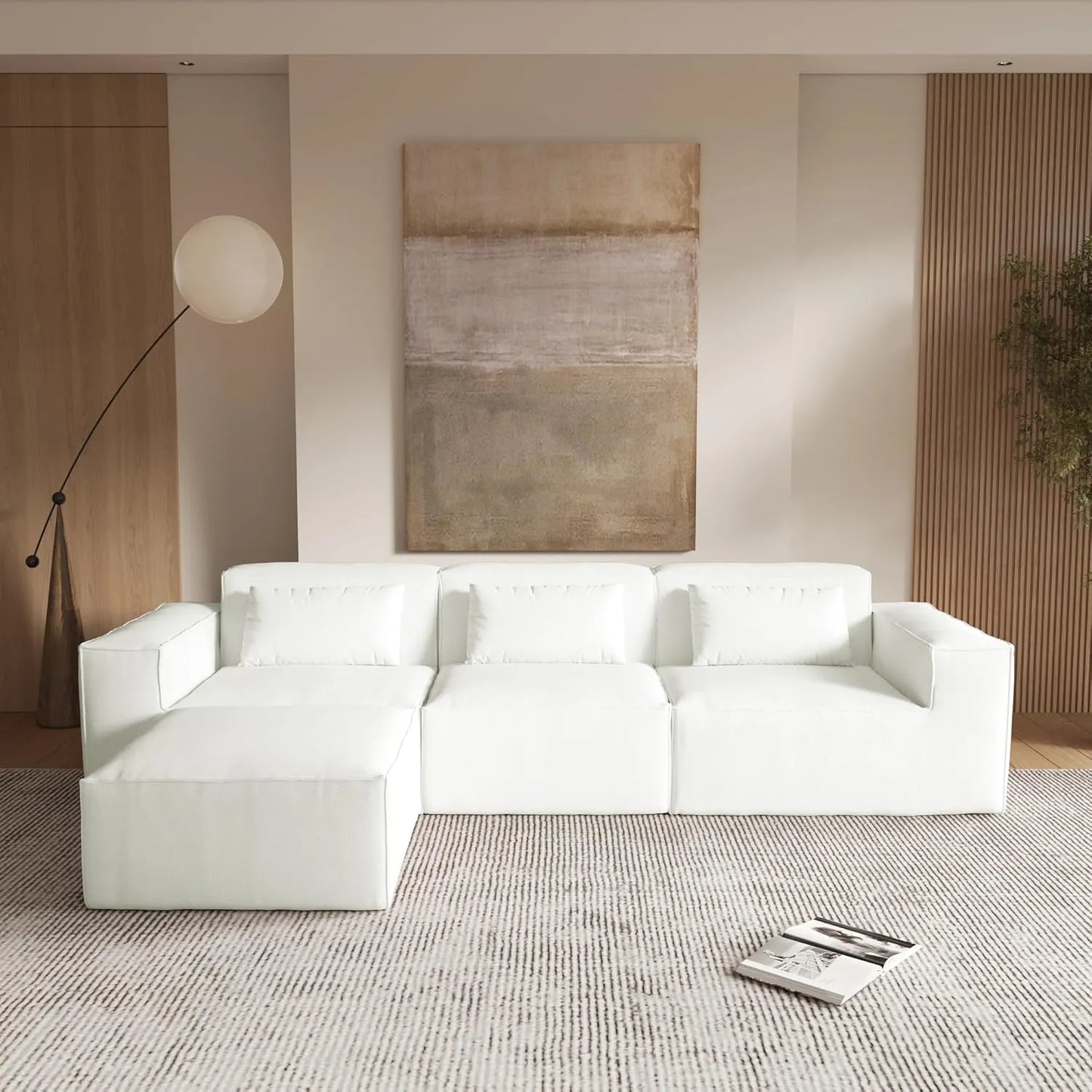Matrix Classic Sectional Sofas | Beige Corduroy L shaped Sectionals 3-seaters with 1 Ottoman