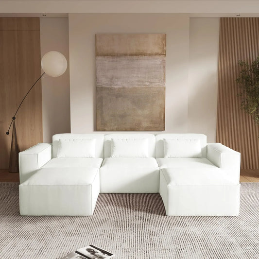 Matrix Classic Sectional Sofas | 4-Piece Beige Corduroy U shaped Sectionals 3-seaters