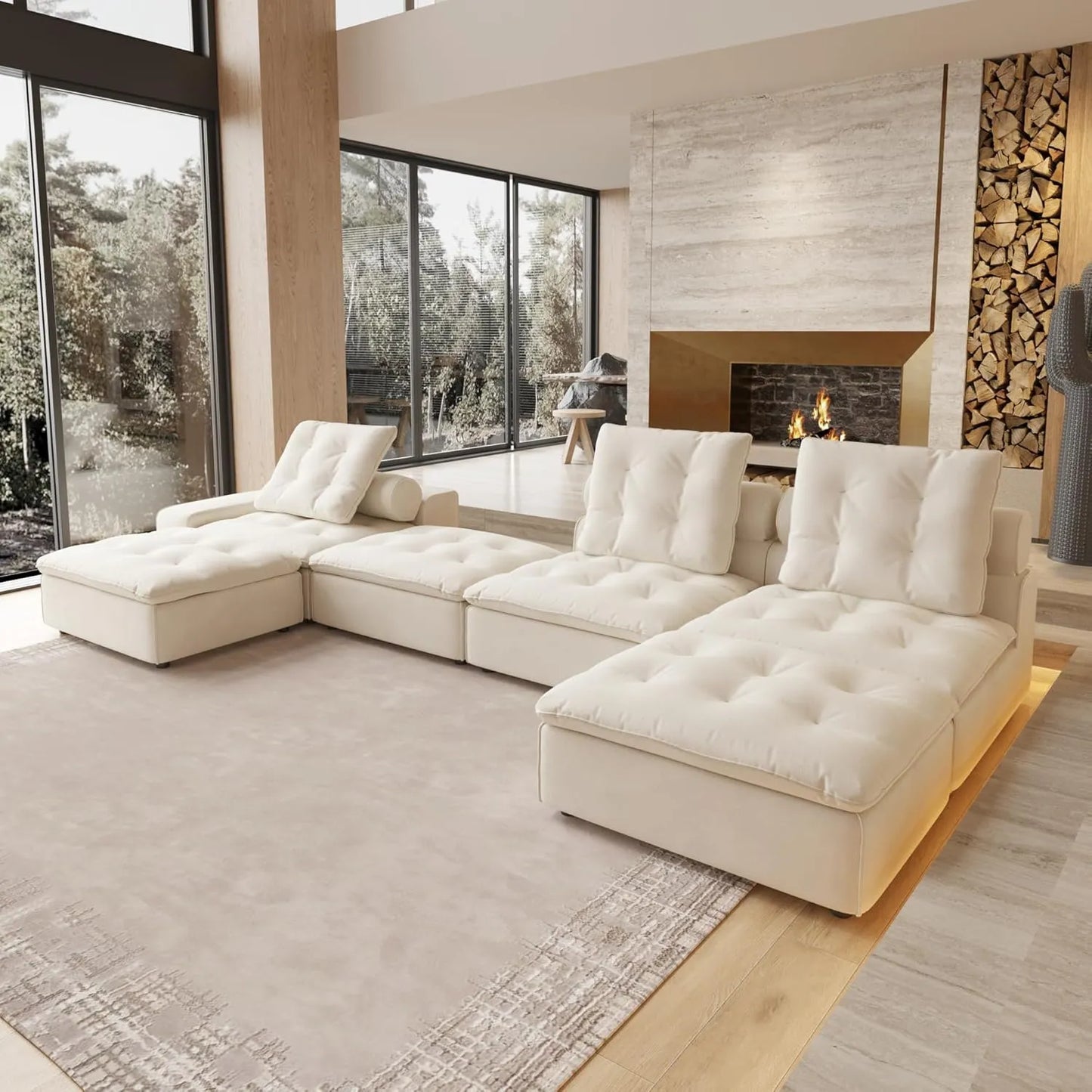 Deluxe Adjustable Cloud Sectional Sofas | Beige Frosted Velvet Couch Sectionals 3-seaters
