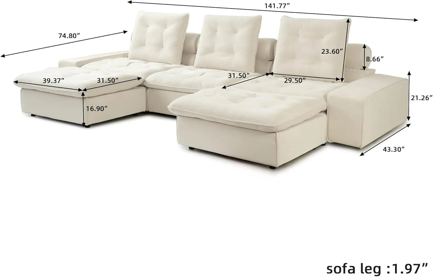 Deluxe Adjustable Cloud Sectional Sofas | Beige Frosted Velvet Couch Sectionals 3-seaters