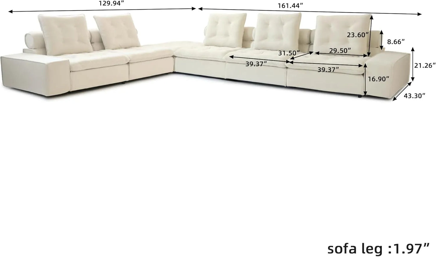 Deluxe Adjustable Cloud Sectional Sofas | Beige Frosted Velvet Couch Sectionals 5-seaters with 1 Ottoman