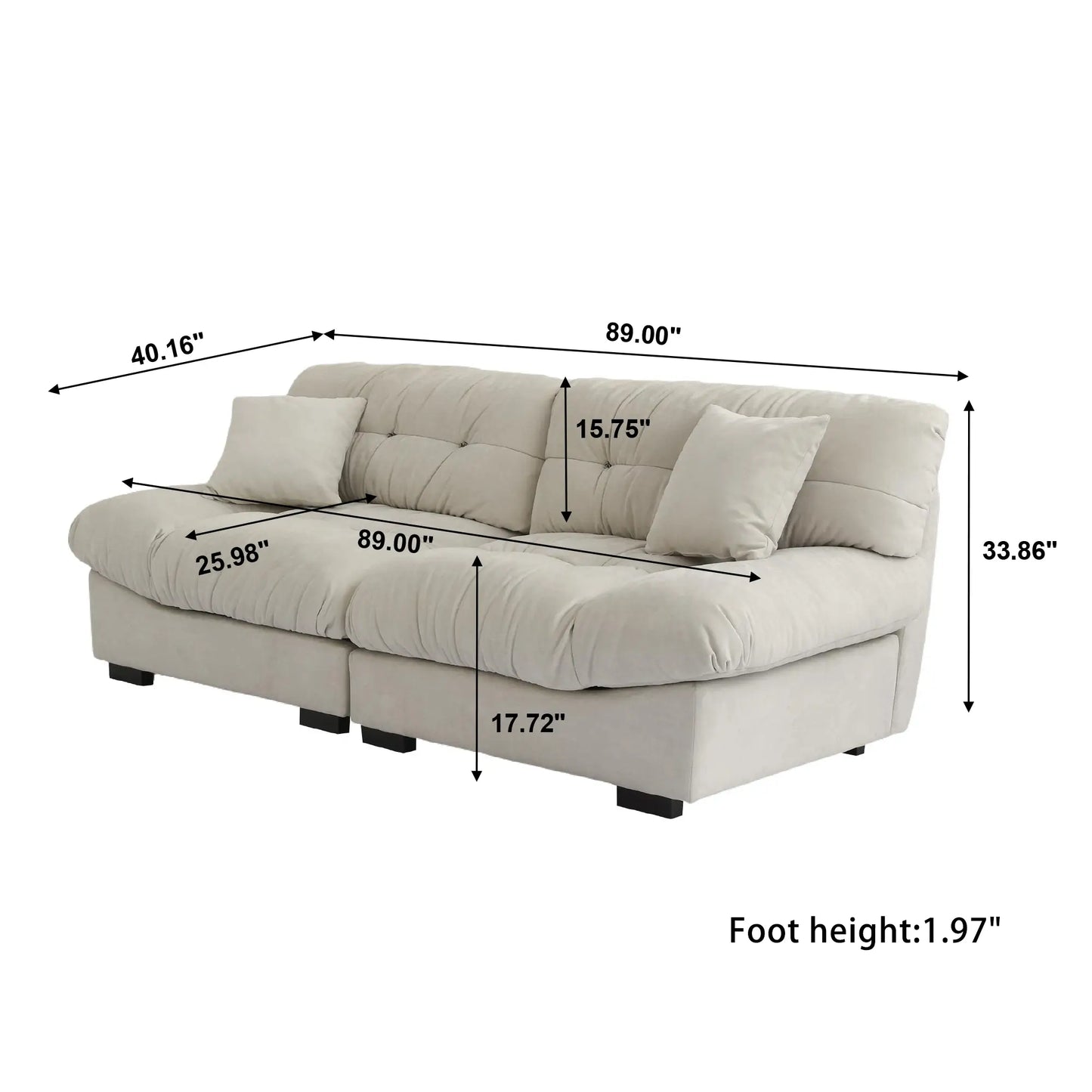 Essential Loveseat Lazy Sofas | Beige Frosted Velvet Loveseats 2-seaters 89"