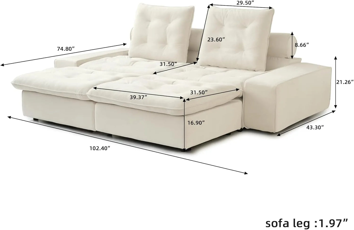 Deluxe Adjustable Cloud Sectional Sofas | Beige Frosted Velvet Loveseats 2-seaters