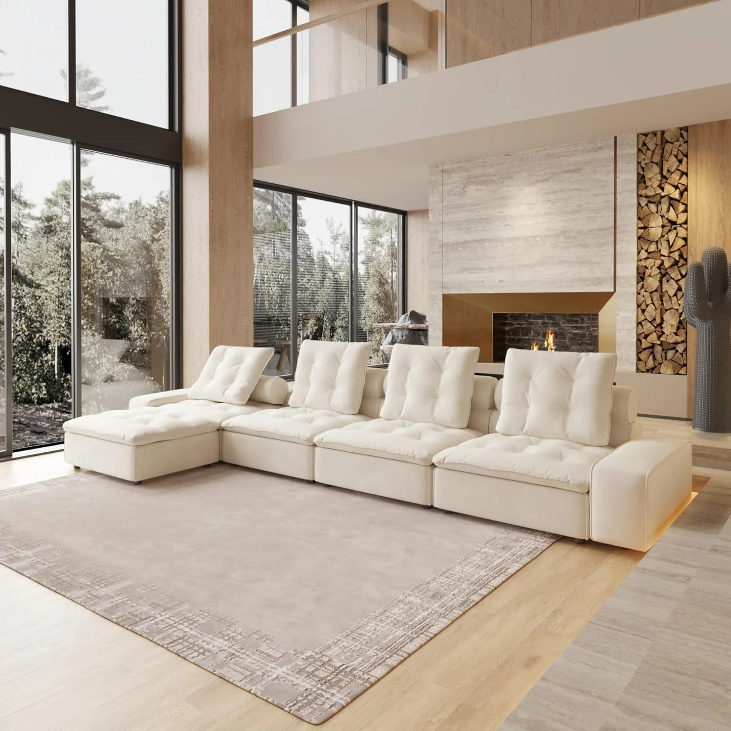 Deluxe Adjustable Cloud Sectional Sofas | Beige Frosted Velvet L shaped Sectionals 4-seaters with 1 Ottoman