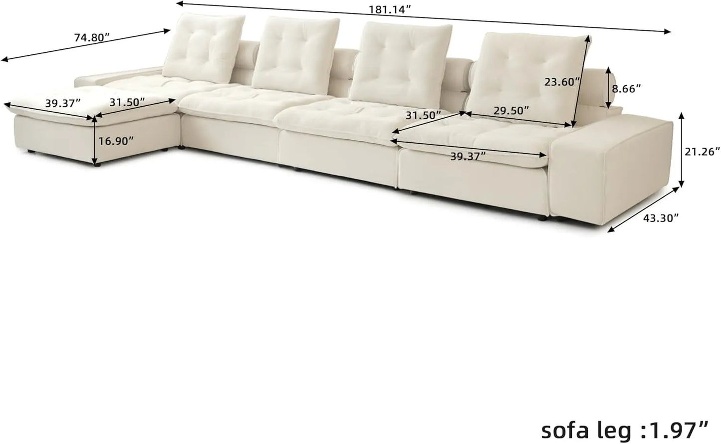 Deluxe Adjustable Cloud Sectional Sofas | Beige Frosted Velvet L shaped Sectionals 4-seaters with 1 Ottoman