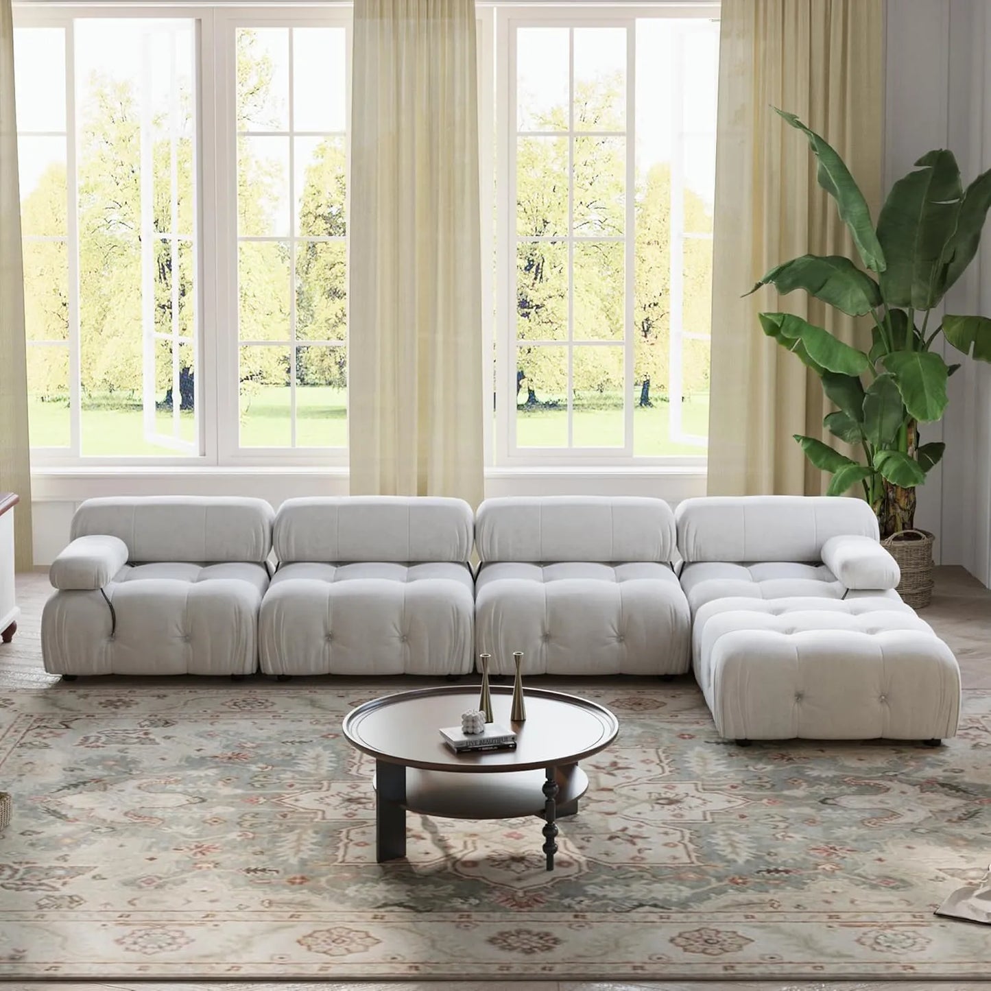Matrix Minimalist Modular Sofas | Beige Velvet Couch Sectionals 4-seaters with 1 Ottoman