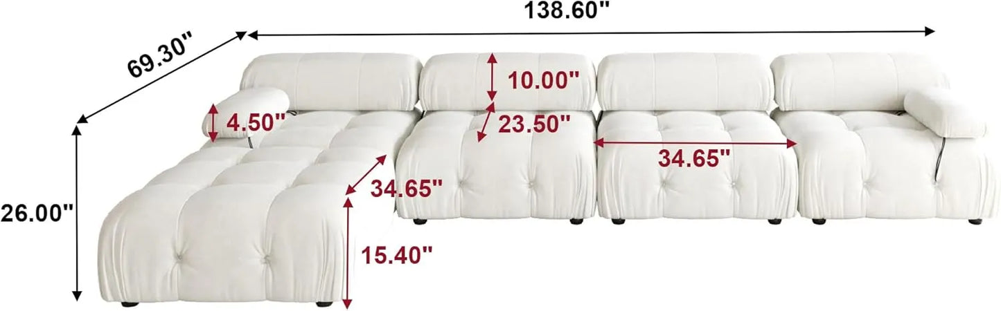 Matrix Minimalist Modular Sofas | Beige Velvet Couch Sectionals 4-seaters with 1 Ottoman