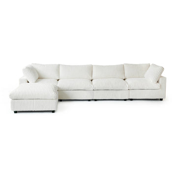 Deluxe Classic Cloud Sectional Sofas Covers | Beige Plush Fabric Sofa Covers for 4-Seater With Ottoman