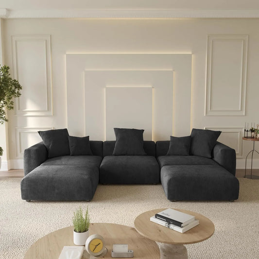 Sofás modulares modernos Matrix | Seccionales en forma de U de 5 piezas de pana negra de 3 plazas