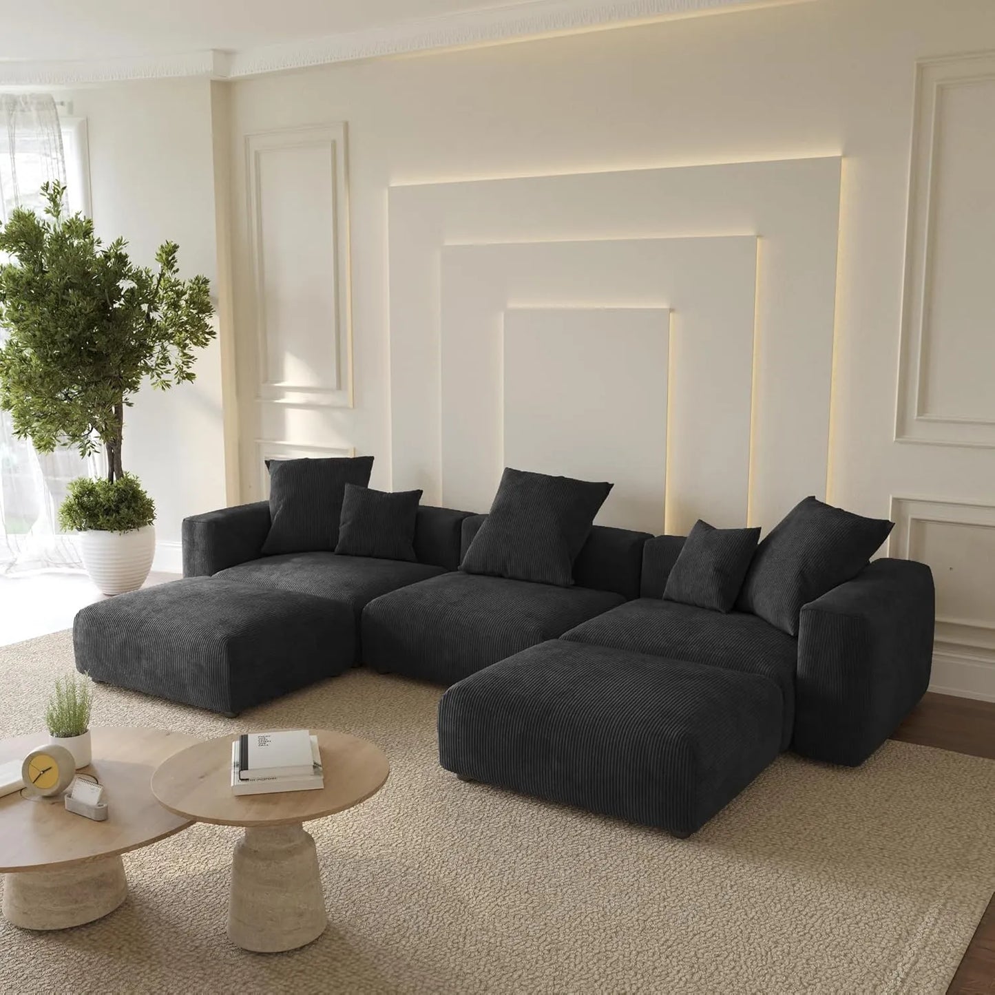 Sofás modulares modernos Matrix | Seccionales en forma de U de 5 piezas de pana negra de 3 plazas