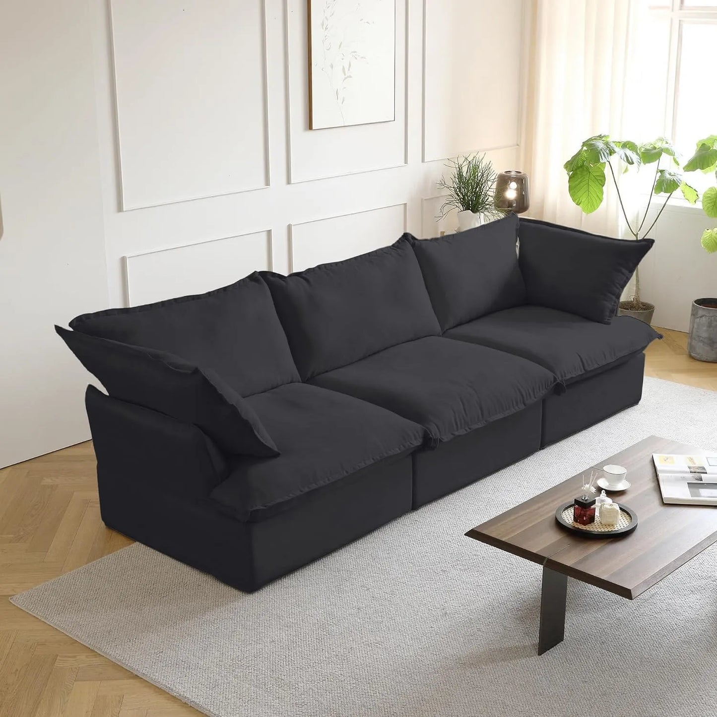 Deluxe Linen Cloud Sectional Sofas | 3-Piece Black Cotton and Linen Couch Sectionals 3-seaters