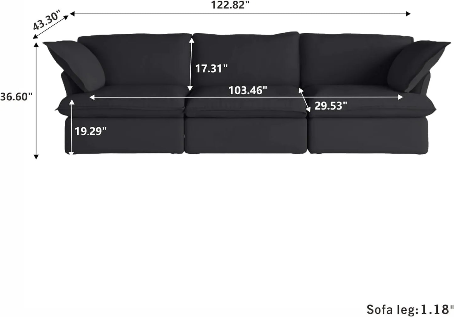 Deluxe Linen Cloud Sectional Sofas | 3-Piece Black Cotton and Linen Couch Sectionals 3-seaters