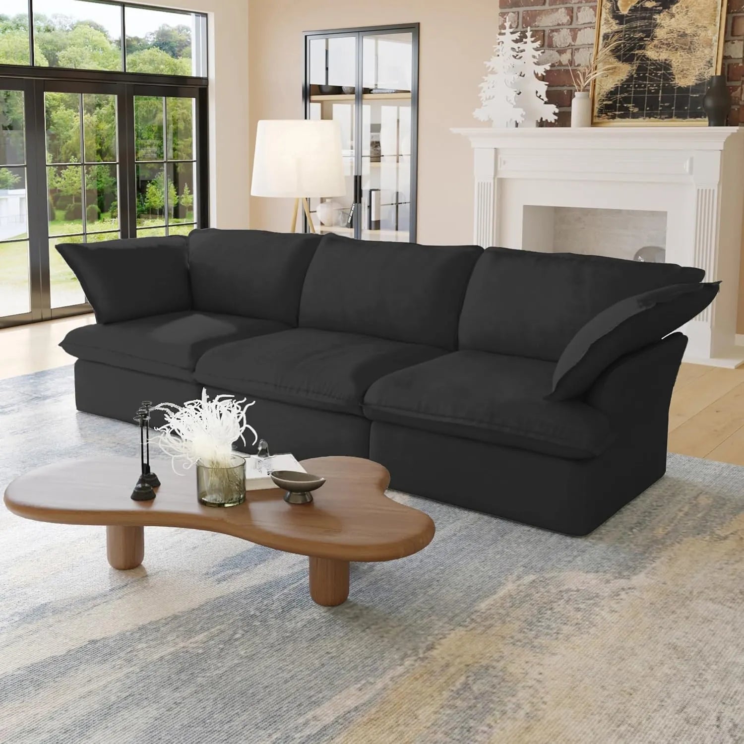 Deluxe Linen Cloud Sectional Sofas | 3-Piece Black Cotton and Linen Couch Sectionals 3-seaters