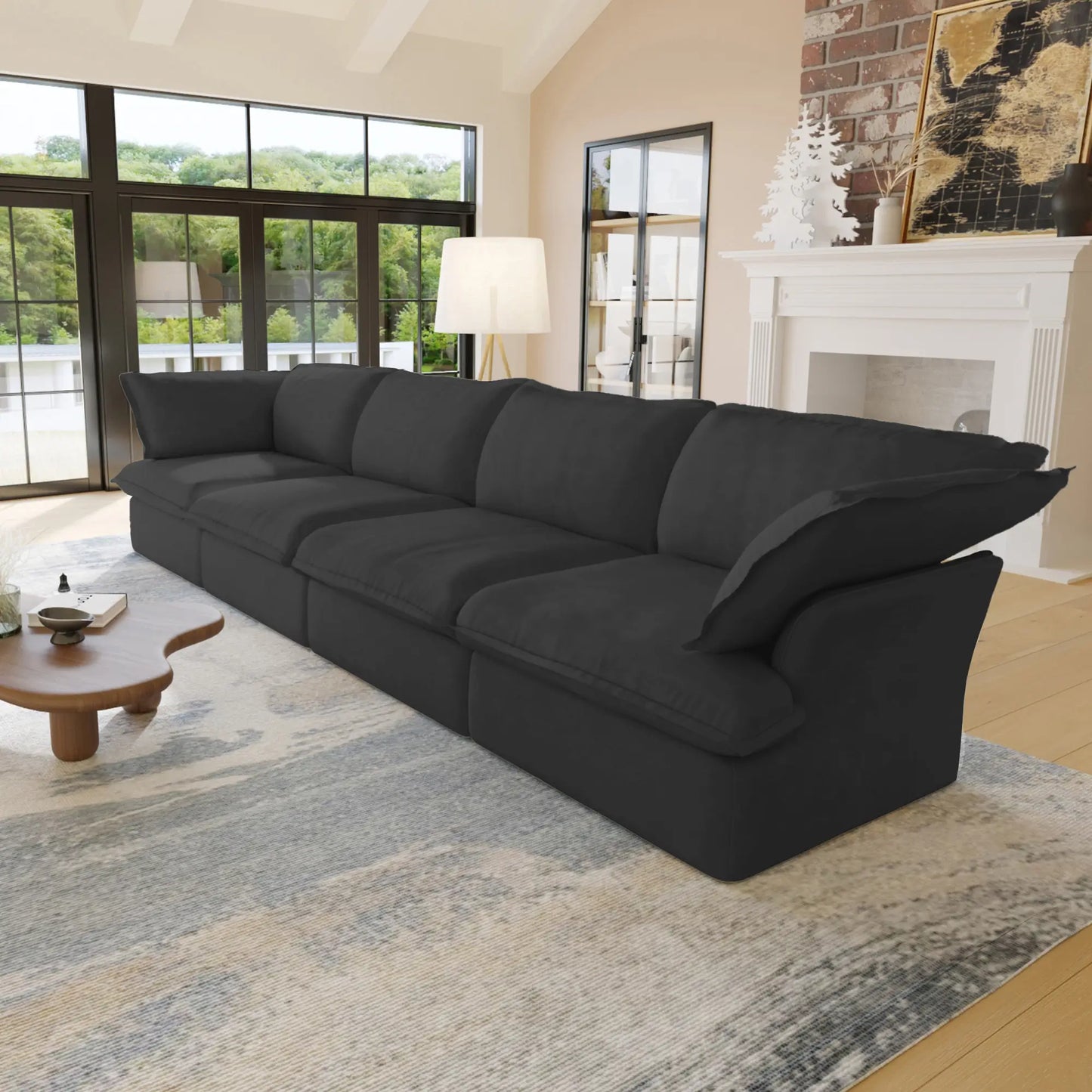 Deluxe Linen Cloud Sectional Sofas | 4-Piece Black Cotton and Linen Couch Sectionals 4-seaters