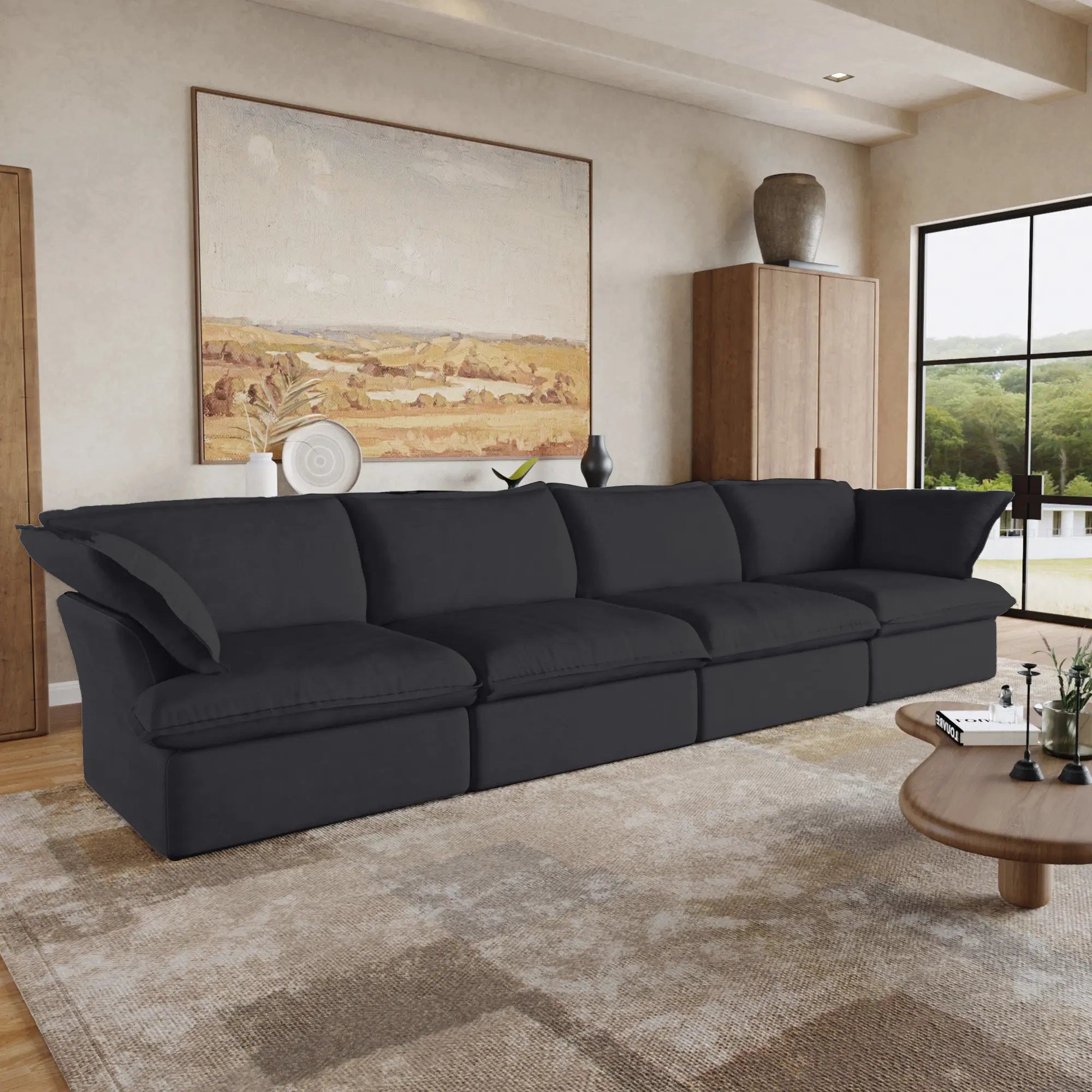 Deluxe Linen Cloud Sectional Sofas | 4-Piece Black Cotton and Linen Couch Sectionals 4-seaters