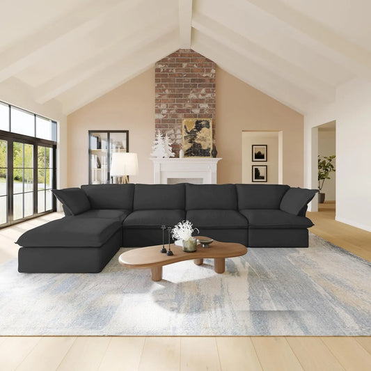 Deluxe Linen Cloud Sectional Sofas | 5-Piece Black Cotton and Linen L Shaped Sectionals 4-seaters