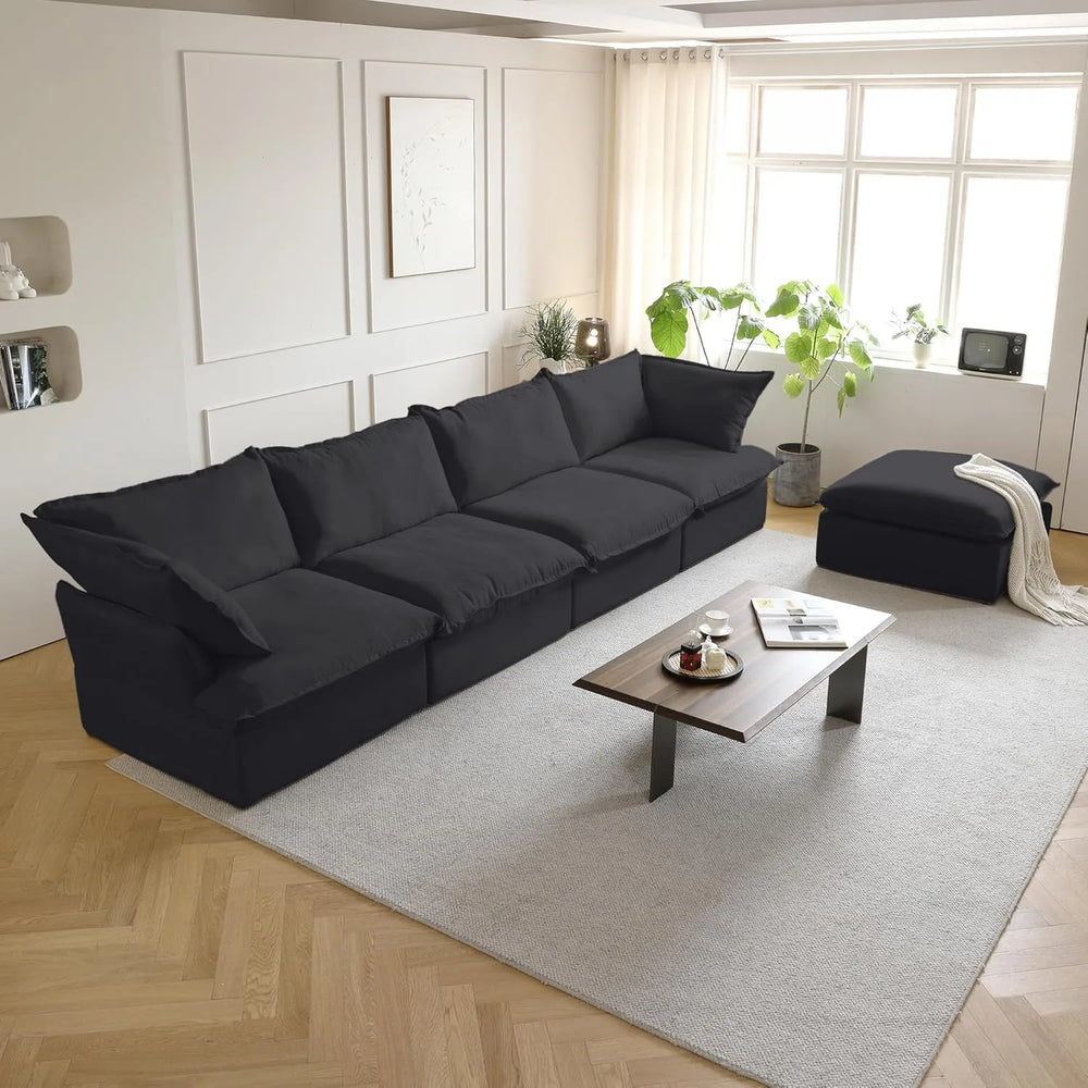 Deluxe Linen Cloud Sectional Sofas | 5-Piece Black Cotton and Linen L Shaped Sectionals 4-seaters