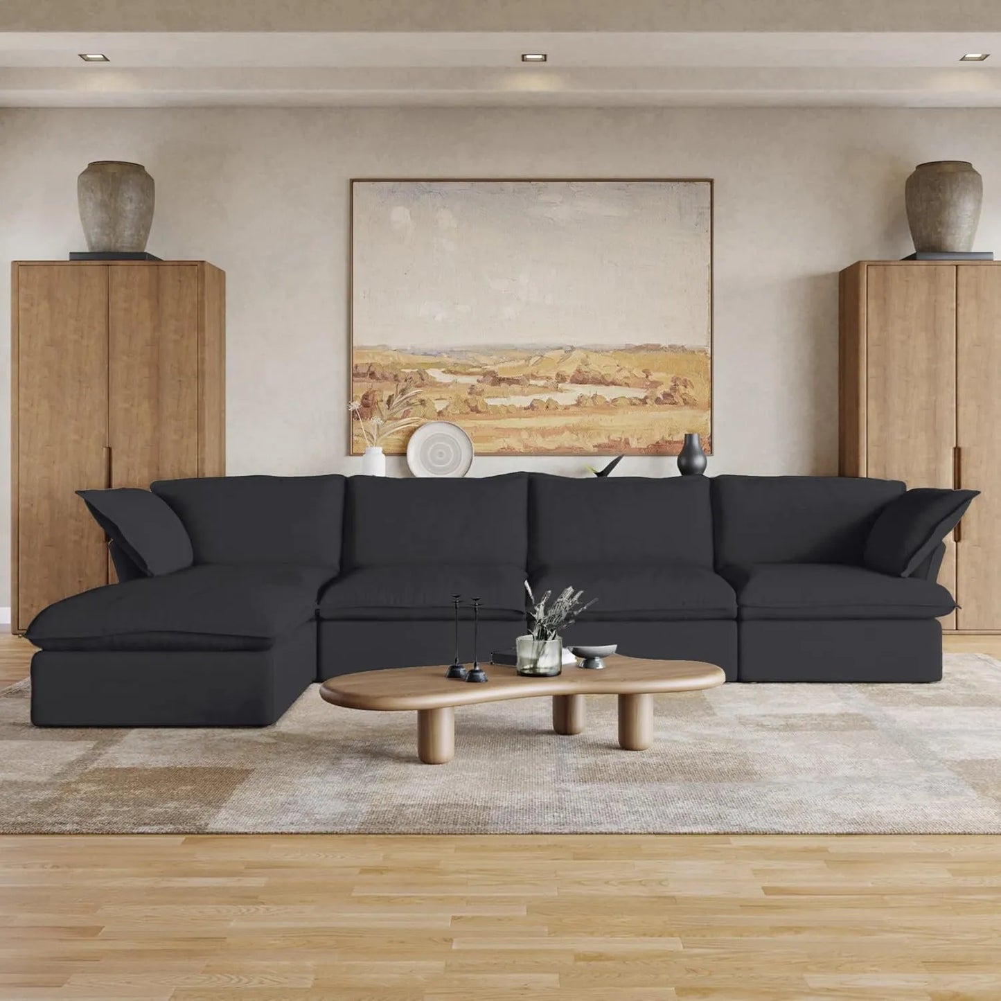 Deluxe Linen Cloud Sectional Sofas | 5-Piece Black Cotton and Linen L Shaped Sectionals 4-seaters