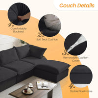 Deluxe Linen Cloud Sectional Sofas | 5-Piece Black Cotton and Linen L Shaped Sectionals 4-seaters
