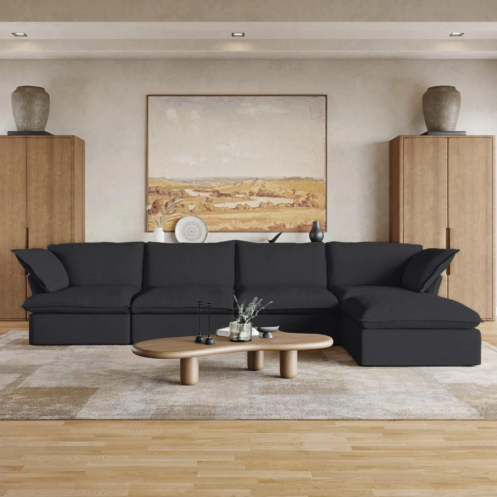 Deluxe Linen Cloud Sectional Sofas | 5-Piece Black Cotton and Linen L Shaped Sectionals 4-seaters
