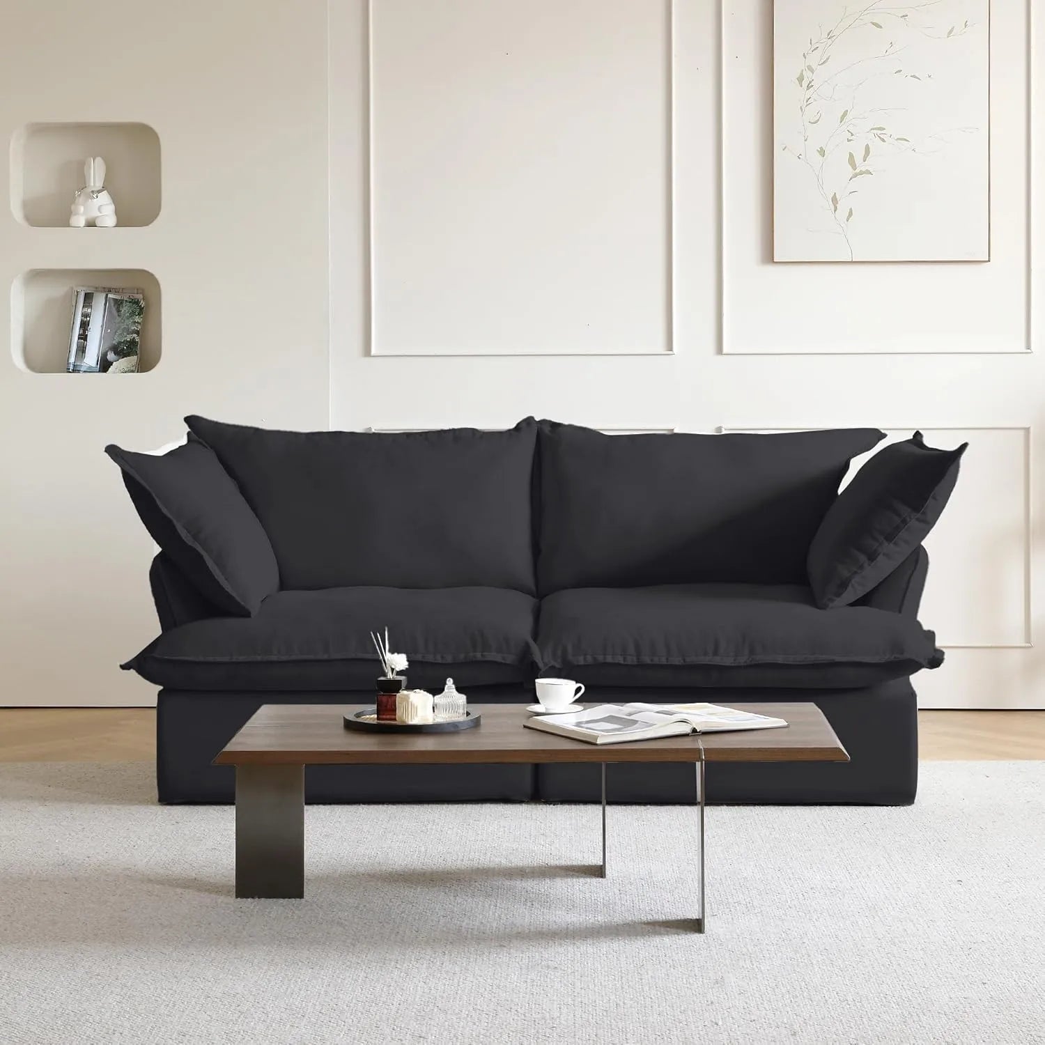 Deluxe Linen Cloud Sectional Sofas | 2-Piece Black Cotton and Linen Loveseats 2-seaters