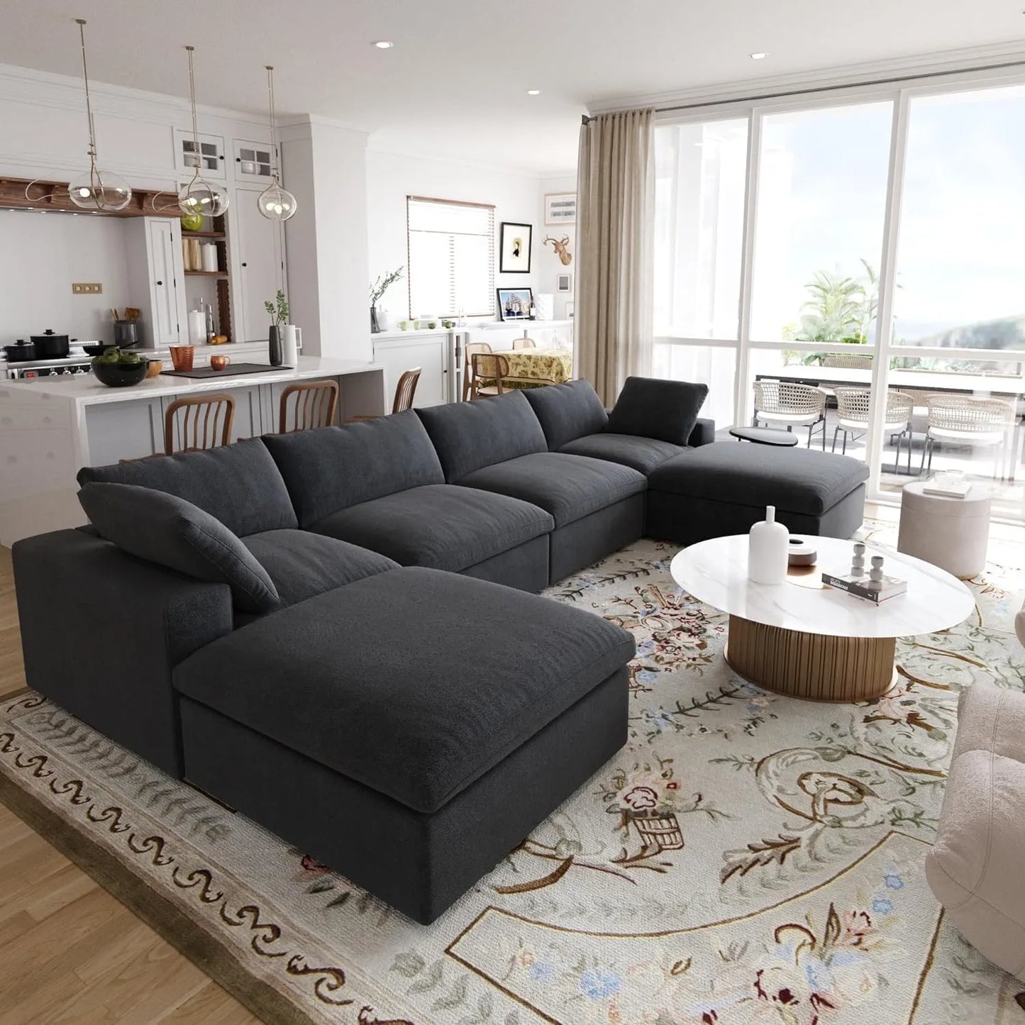 Deluxe Premium Cloud Sectional Sofas | Black Cotton and Linen U shaped Sectionals 4-seaters