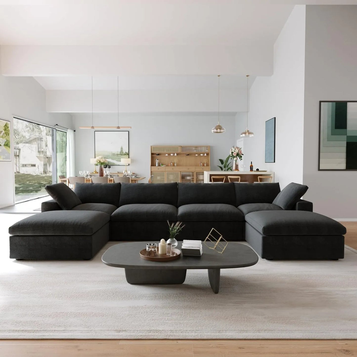 Deluxe Premium Cloud Sectional Sofas | Black Cotton and Linen U shaped Sectionals 4-seaters