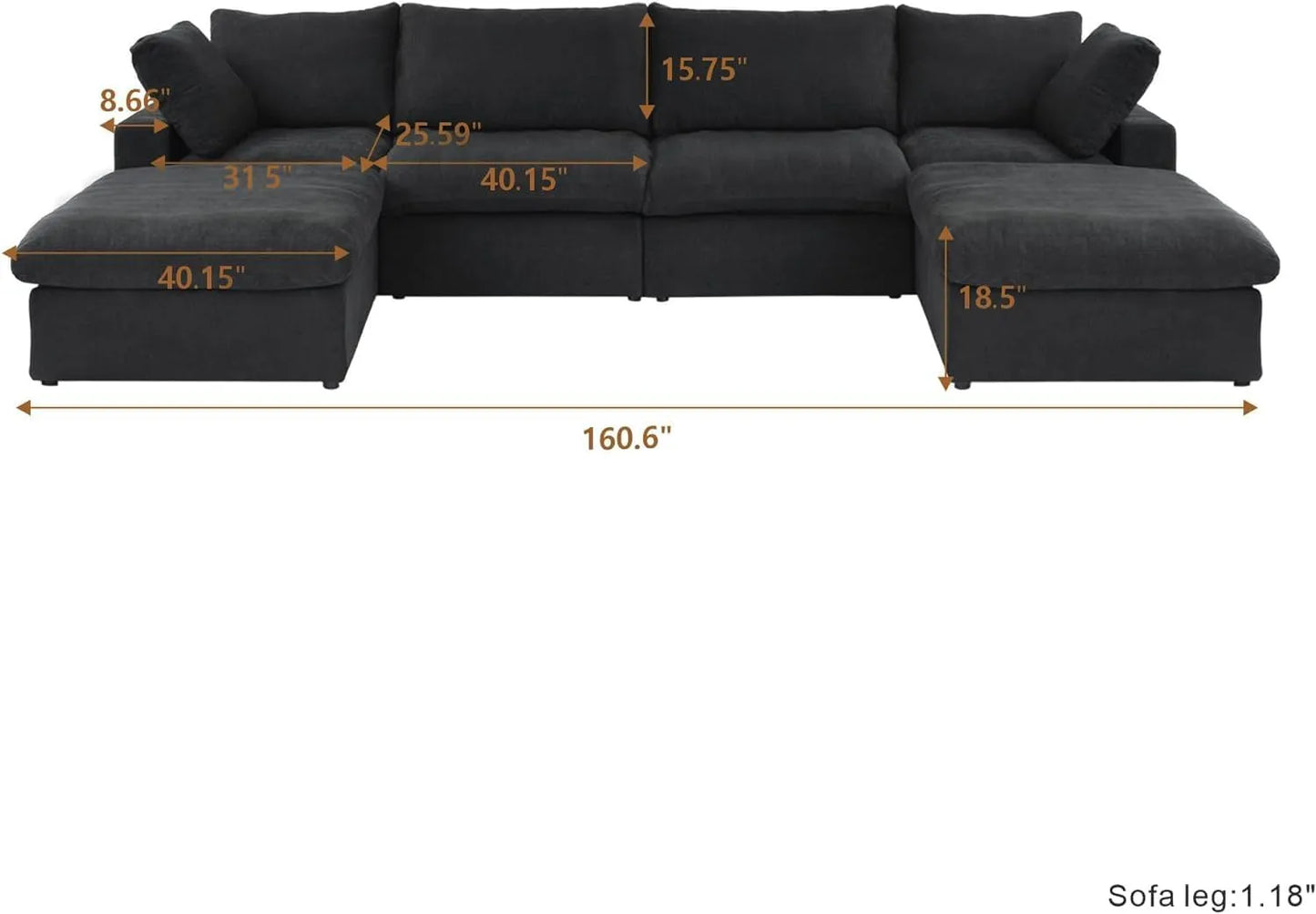 Deluxe Premium Cloud Sectional Sofas | Black Cotton and Linen U shaped Sectionals 4-seaters