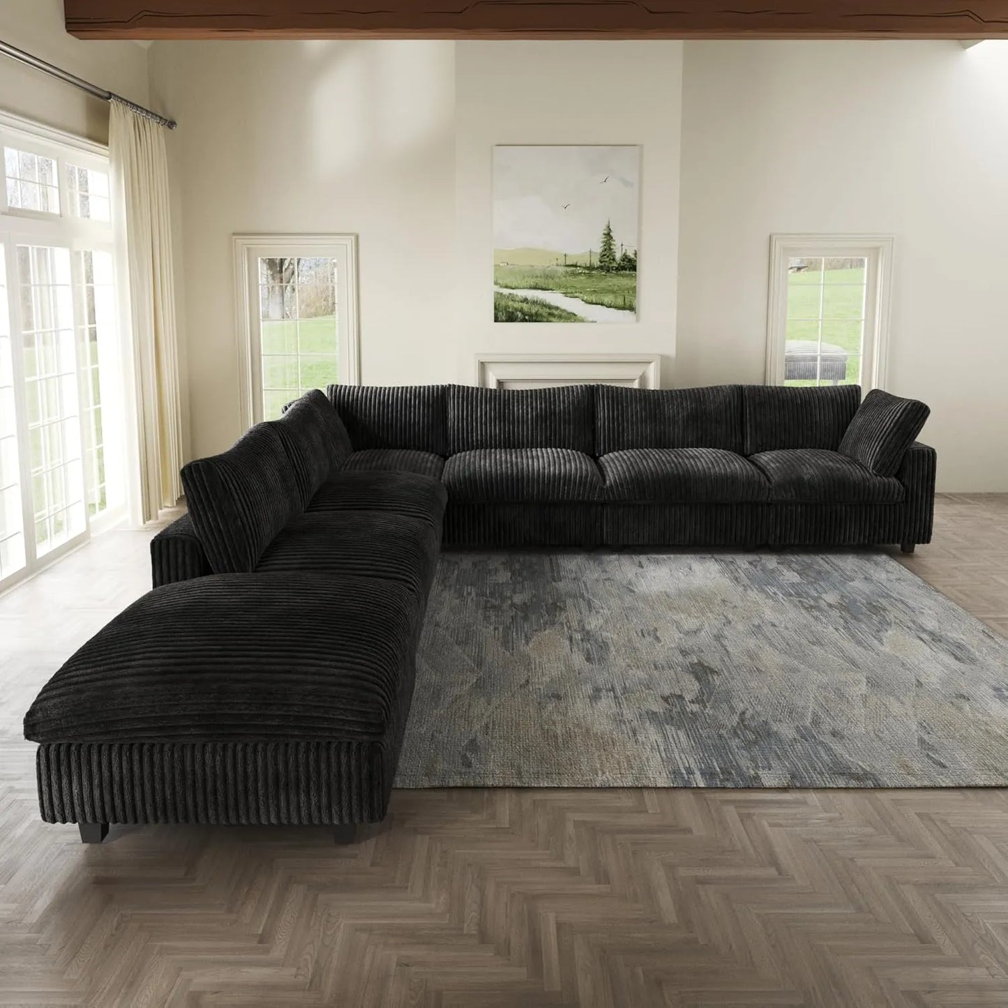 Deluxe Classic Cloud Sectional Sofas | Black Plush Fabric U shaped Sectionals 6-seaters with 1 Ottoman