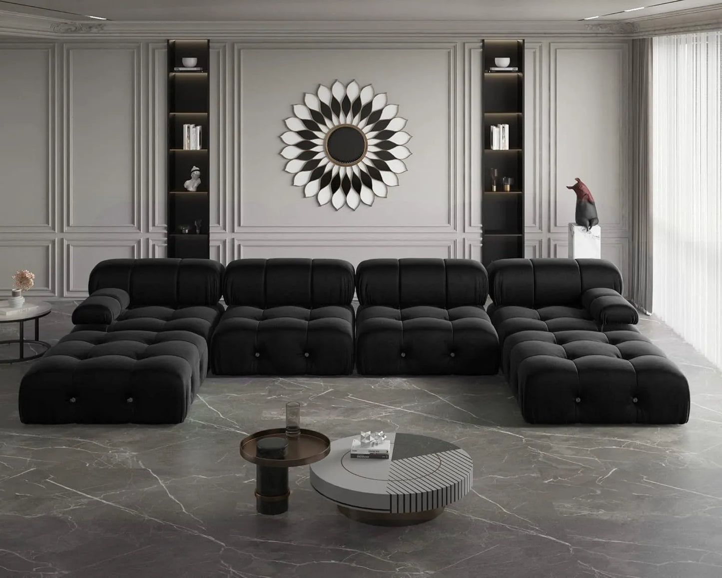 Matrix Minimalist Modular Sofas | Black Velvet Couch Sectionals 4-seaters With Ottoman